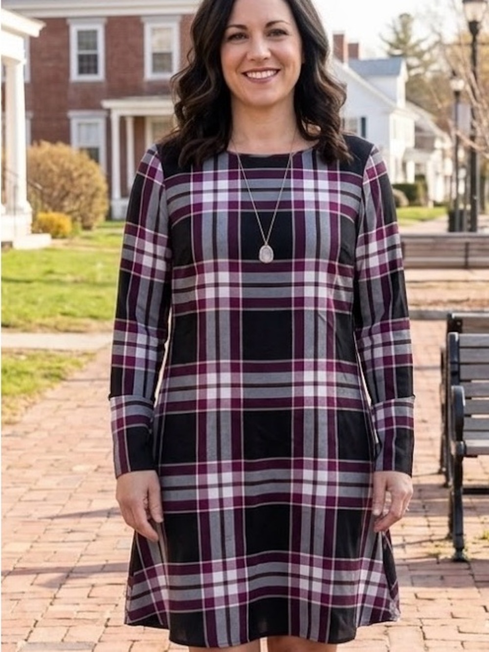 NWT LOFT Burgundy and Gray Plaid Long Sleeve Dress